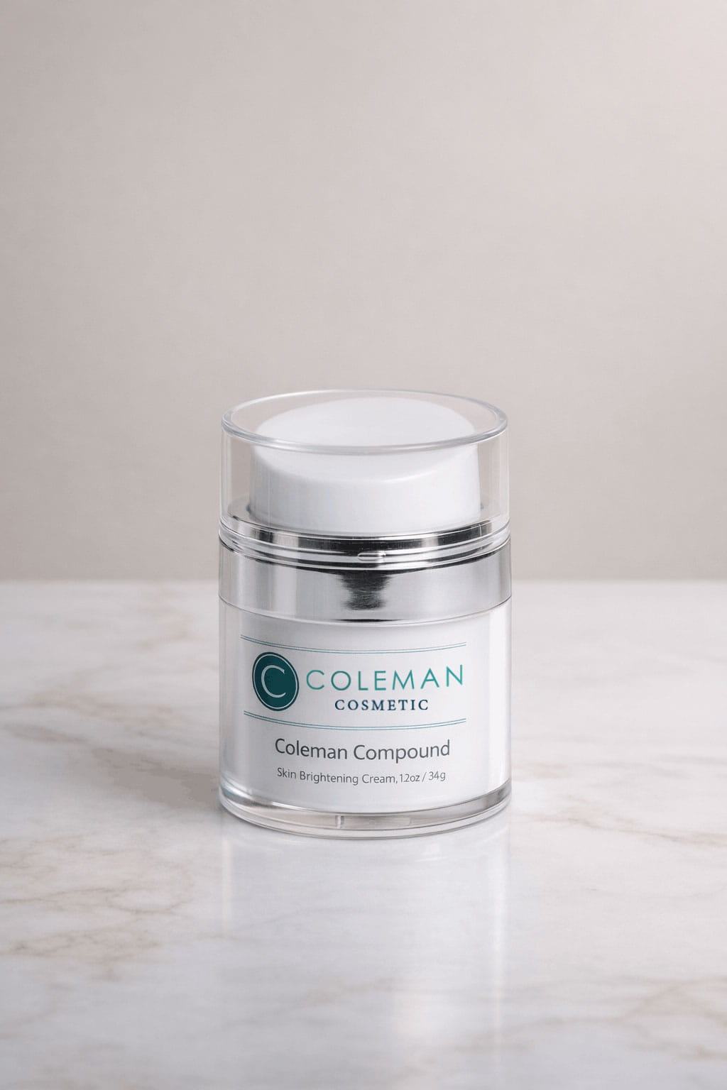 Jar of Coleman Compound on a marble surface with a beige background